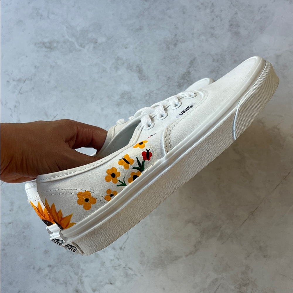 Vans Women's White Sneakers with Custom Sunflower Floral Design